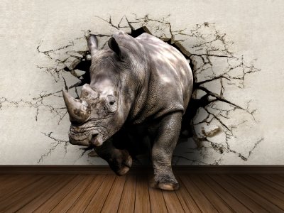 фотообои Носорог ломающий стену